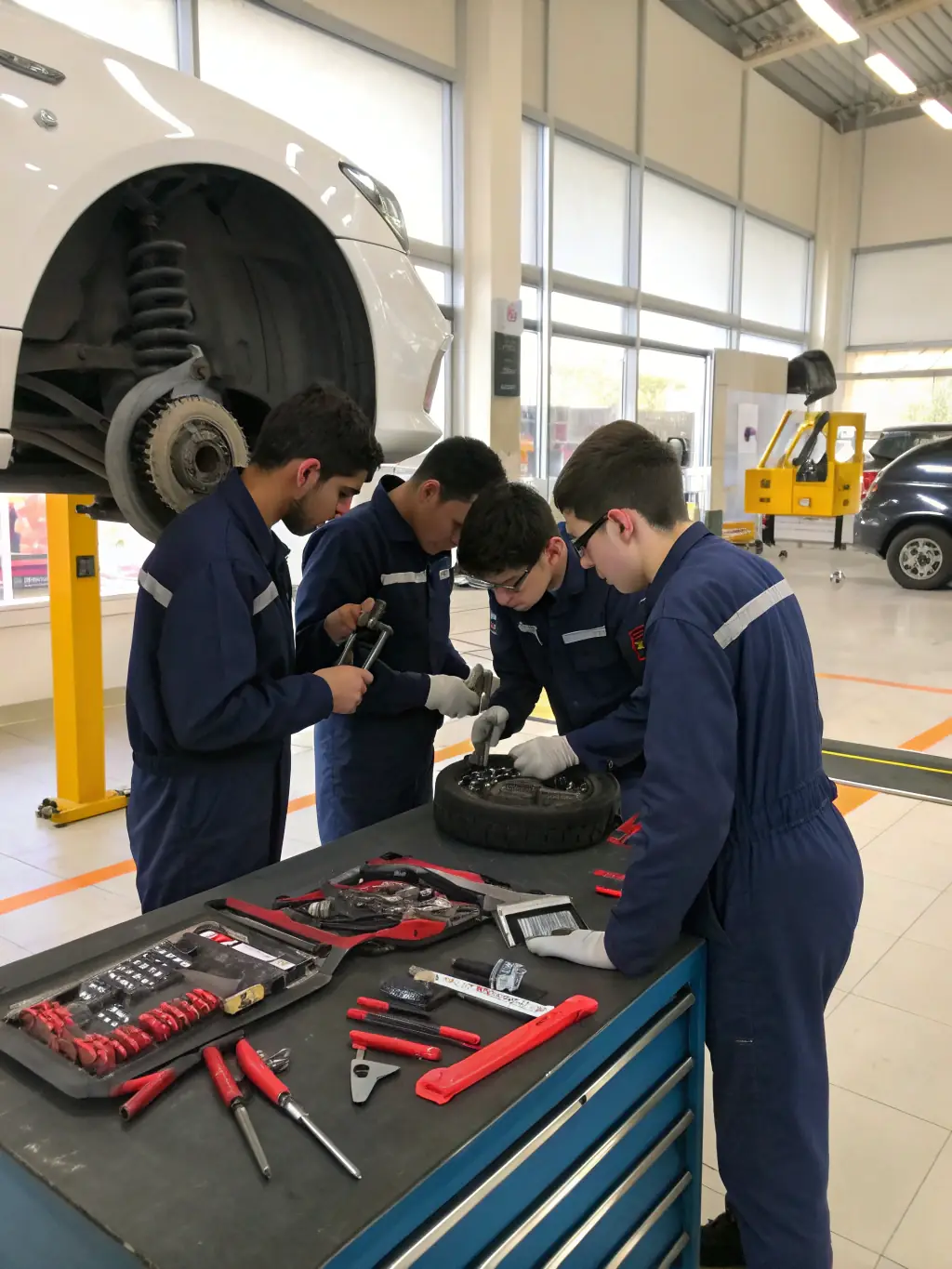 A group of students collaboratively working on a vehicle's braking system, emphasizing teamwork and practical application of knowledge.