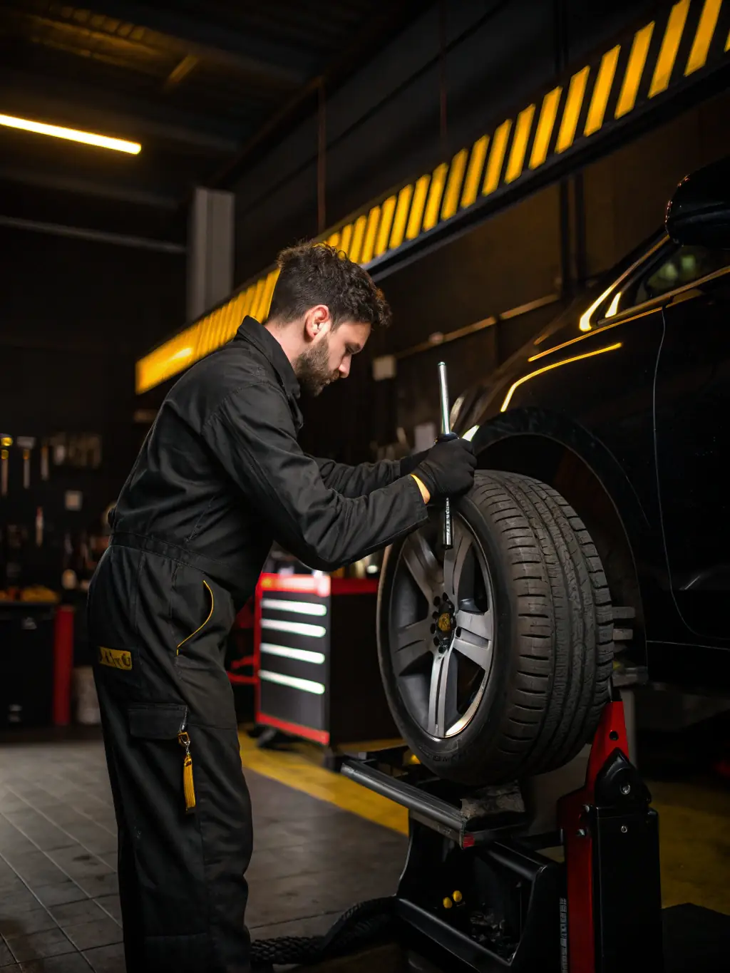 A mechanic using specialized tools to perform precision wheel alignment on a modern vehicle, highlighting the importance of vehicle handling and safety.