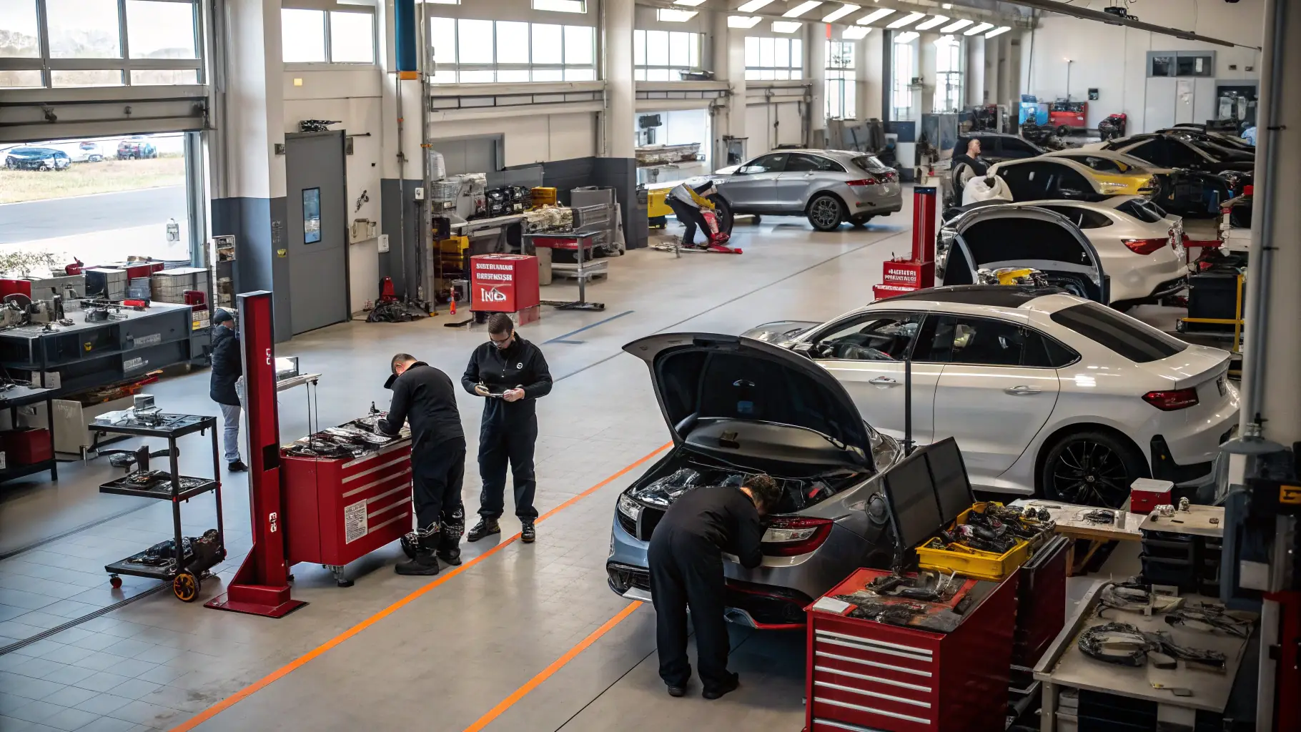 A group of mechanics working together on a car engine in a modern workshop, showcasing collaboration and hands-on learning.
