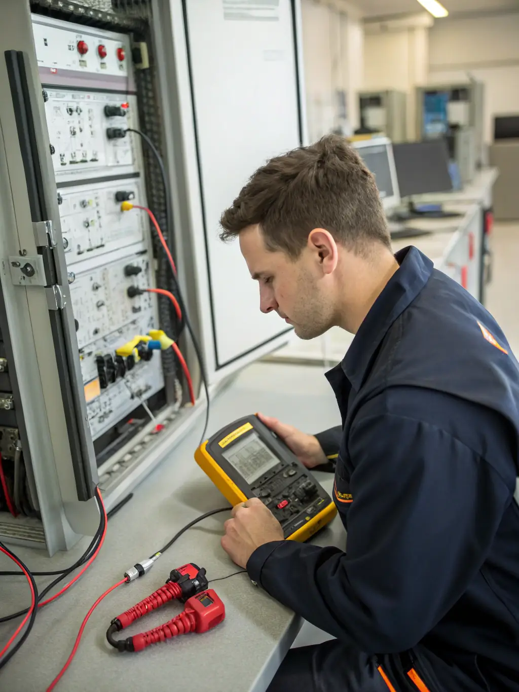 A mechanic demonstrating the use of an oscilloscope to analyze electrical signals in a vehicle's electrical system, showcasing advanced training.