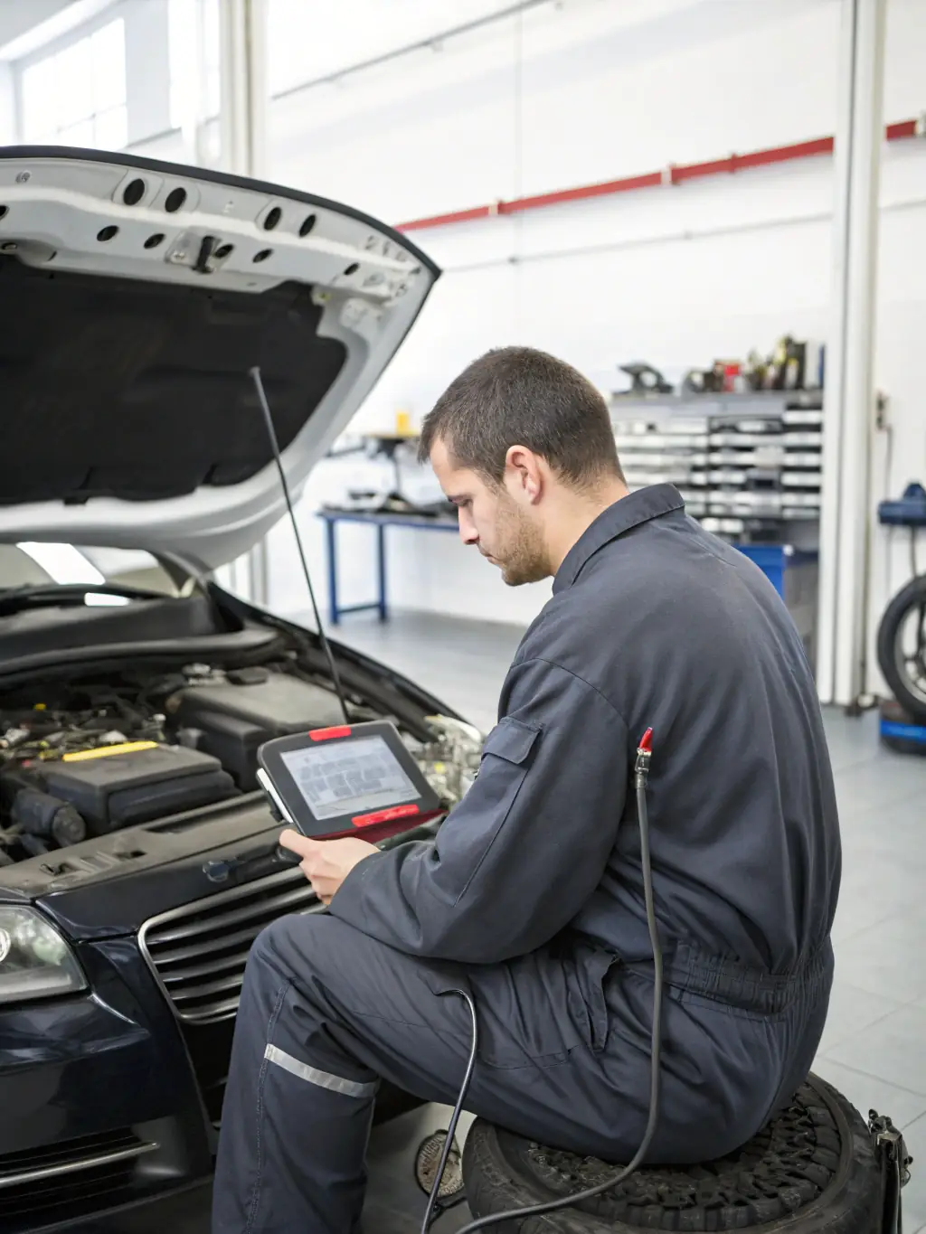 A close-up shot of a mechanic's hands expertly using diagnostic tools on a car engine in a well-lit workshop, emphasizing precision and skill.