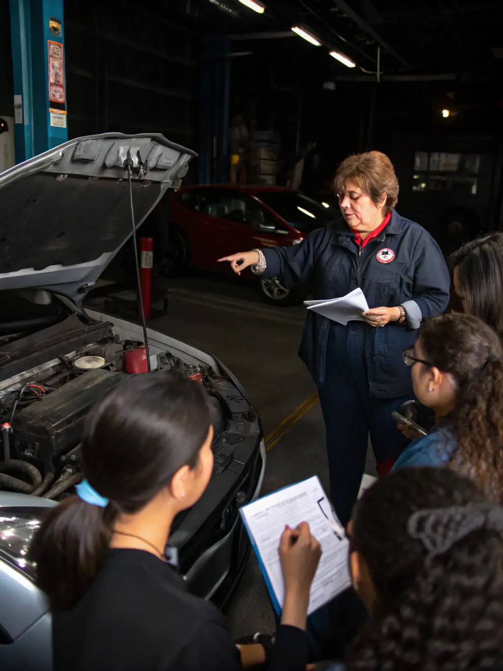 A group of students in a mechanic training course, gathered around a vehicle, receiving hands-on instruction from an experienced instructor in South Africa.