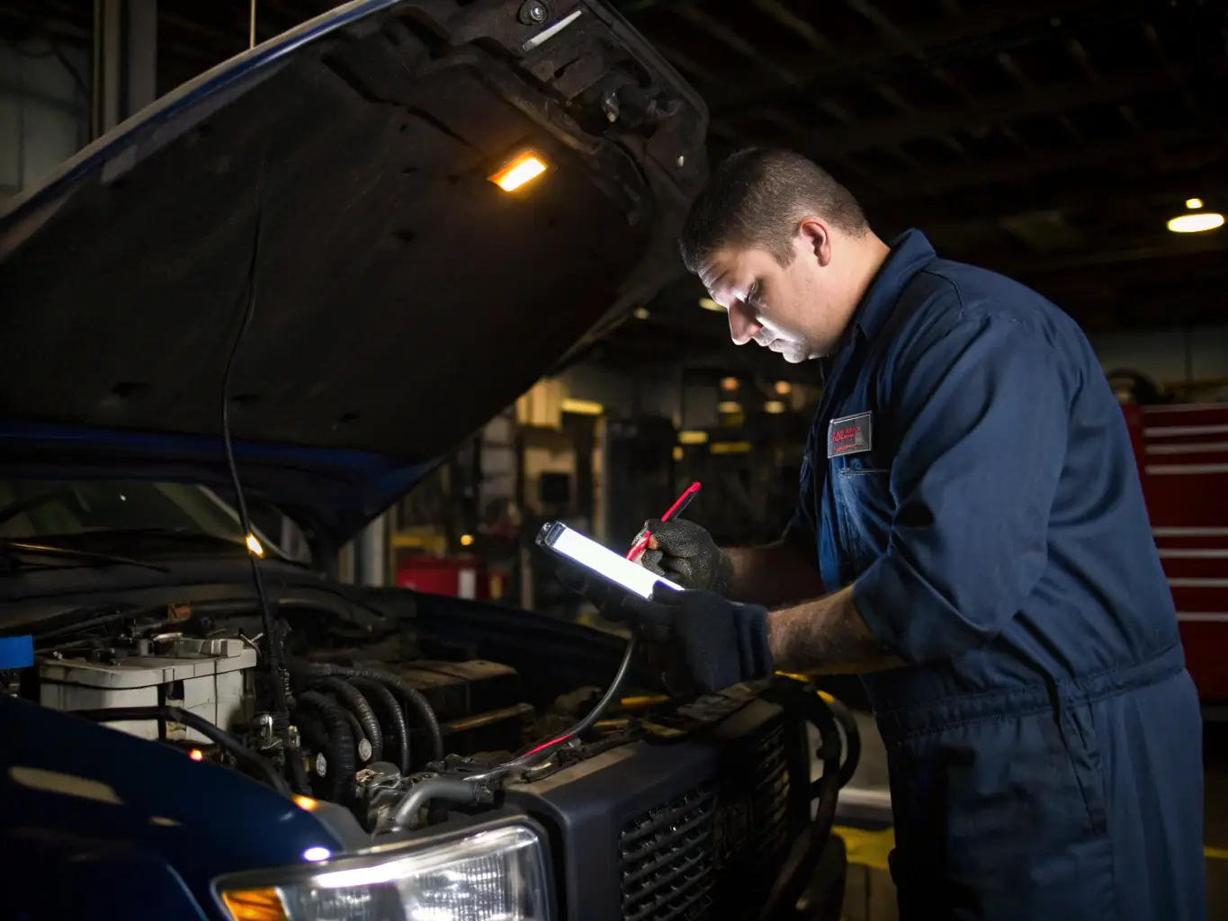 A mechanic performing routine maintenance on a vehicle, with a checklist and service manual visible on a tablet.