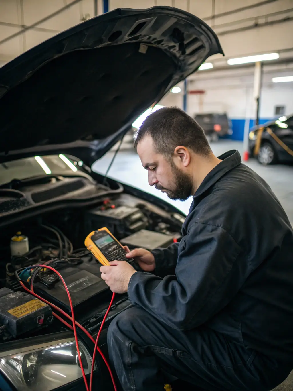 A mechanic using a multimeter to test the electrical system of a car, with a wiring diagram in the background, in a well-lit training facility in South Africa.