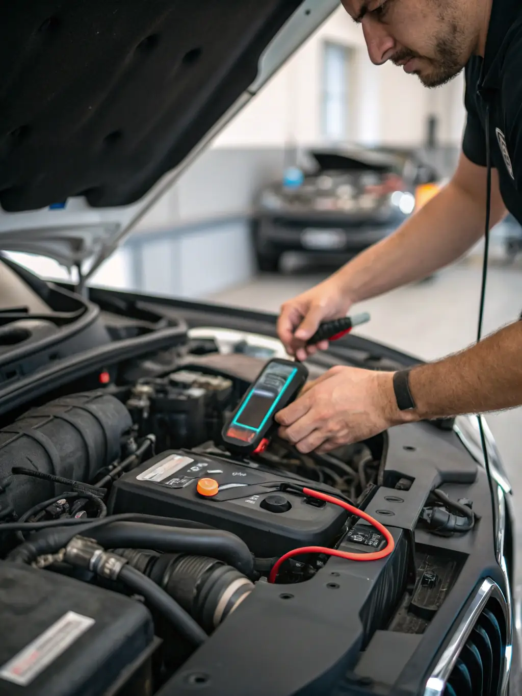A close-up shot of a mechanic's hands working on an engine, with tools and diagnostic equipment visible, set in a modern South African automotive workshop.