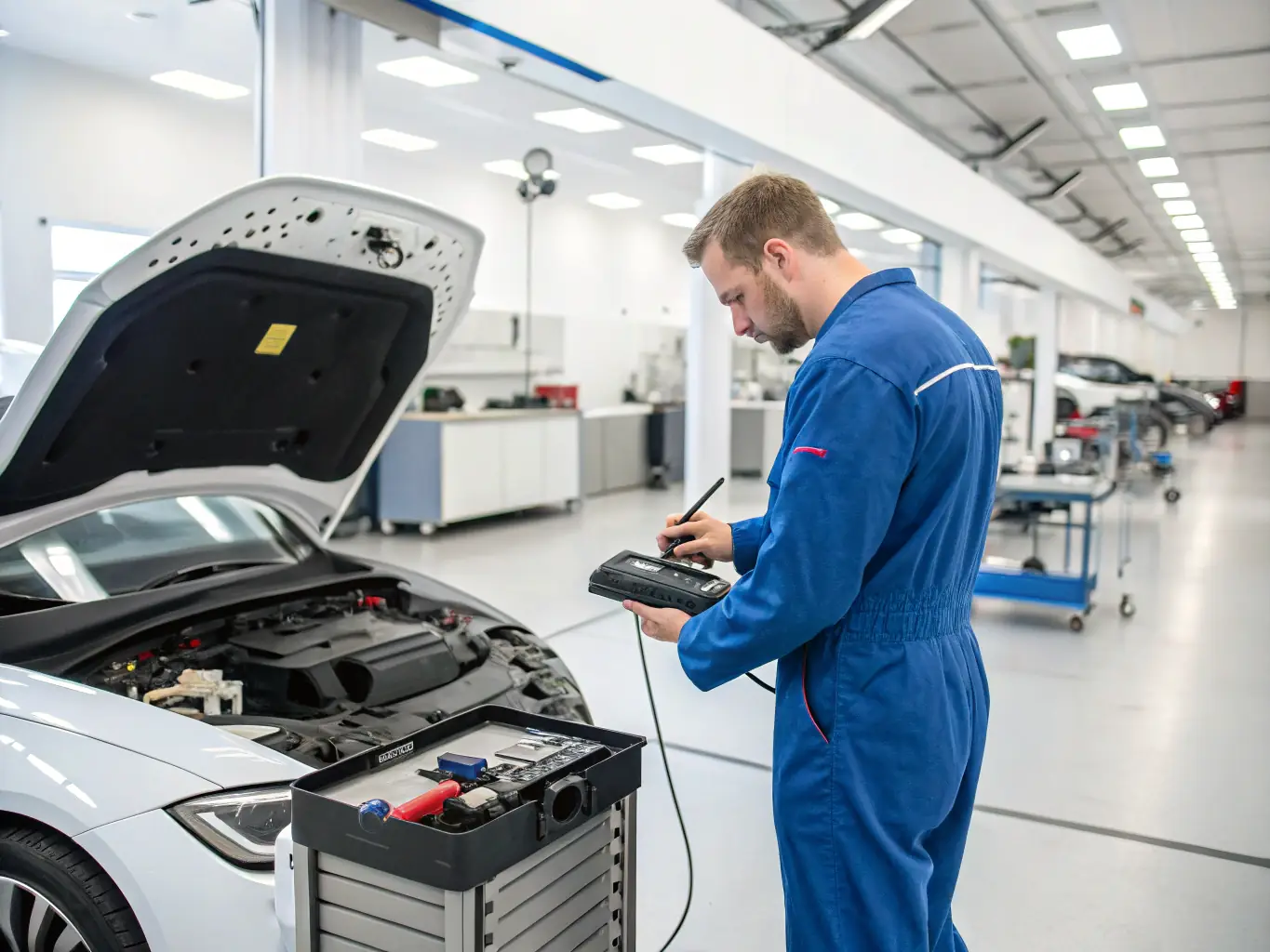 A South African mechanic using a diagnostic tool on a modern car engine in a well-equipped workshop, focusing on the digital display and engine components.